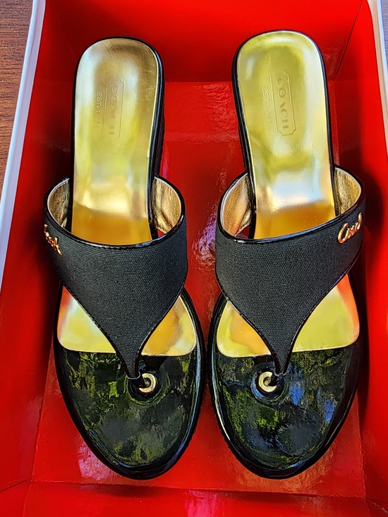 Coach Shoes - COACH Black Patent Leather Gold Metallic Thong Wedge Sandals Size 8